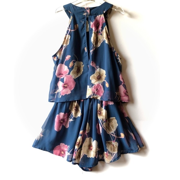Peach Love California Blue Floral Print High Waisted Halter Neck Chiffon Romper - Picture 6 of 16